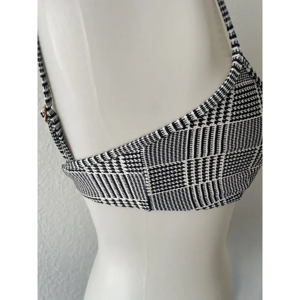 L*Space Swim Bikini Top Plunge Plaid Ivory Black Swimwear